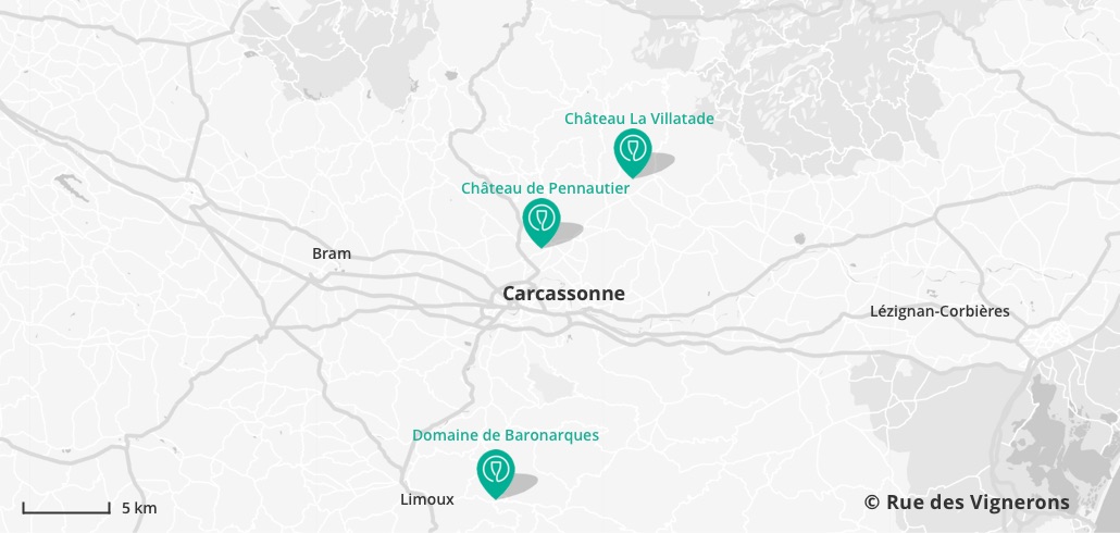 Carte domaines proches de Carcassonne, carte vignoble proche carcassonne