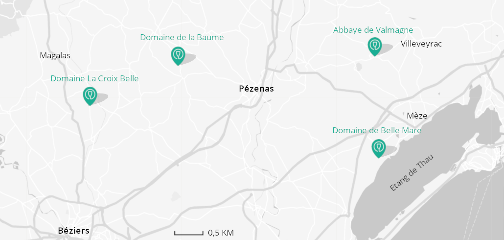 Carte des domaines viticoles à Pézenas et aux alentours
