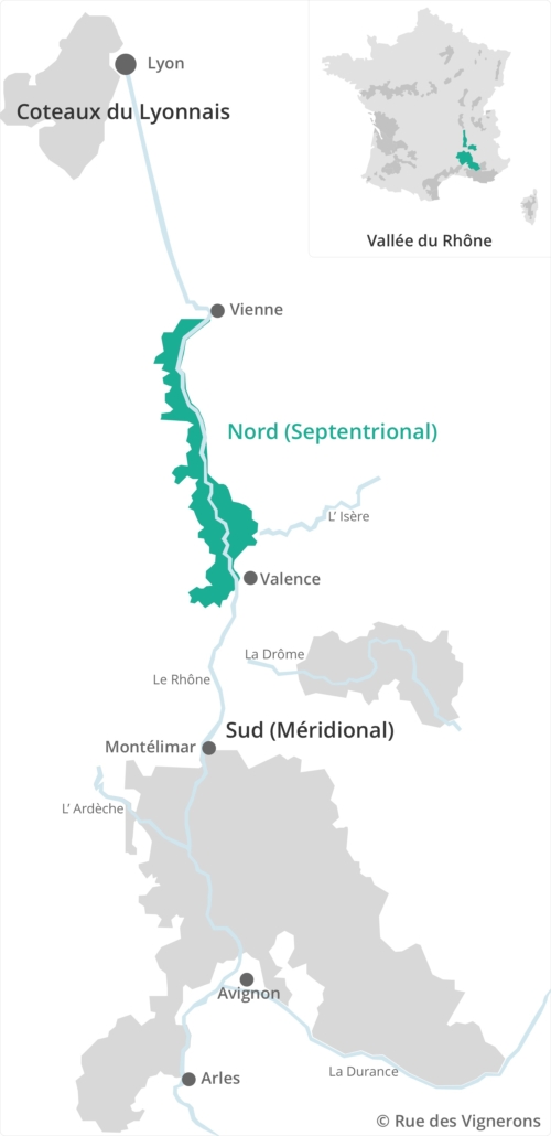 Carte, vignoble, Vallée du Rhône Nord, Septentrionale