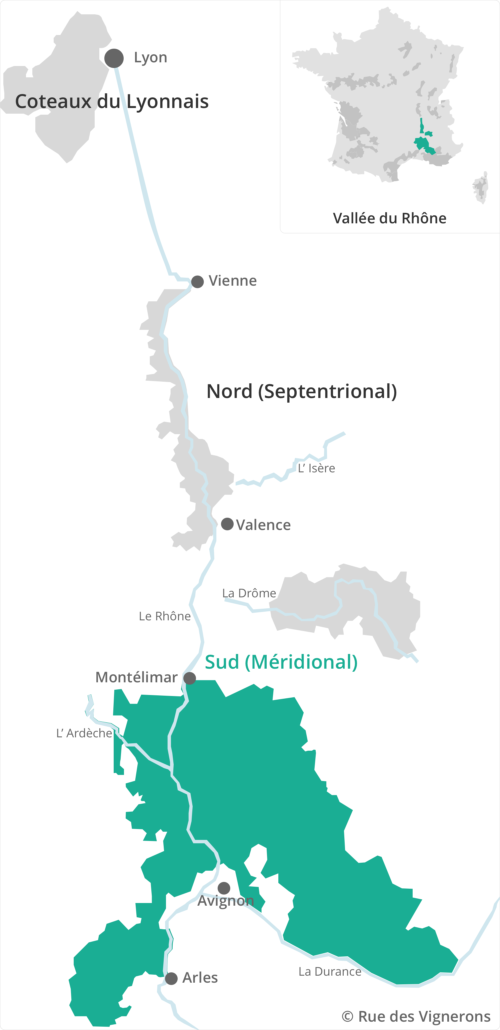 Carte, vignoble, Vallée du Rhône Sud, méridionale